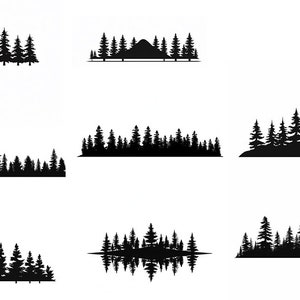 Treeline svg Instant Download - 8 sagome skyline di una linea di alberi di pino. alberi, clip art, natura, grafica, scalabile, adesivo, ritagliato