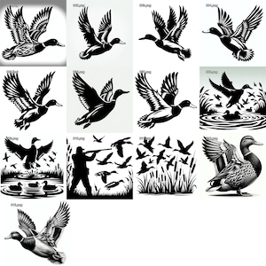 Mallard Duck svg & png Bundle para cazadores - 13 imágenes perfectas para proyectos de bricolaje de camisetas CNC con grabado láser. patos ánades reales caza deportista