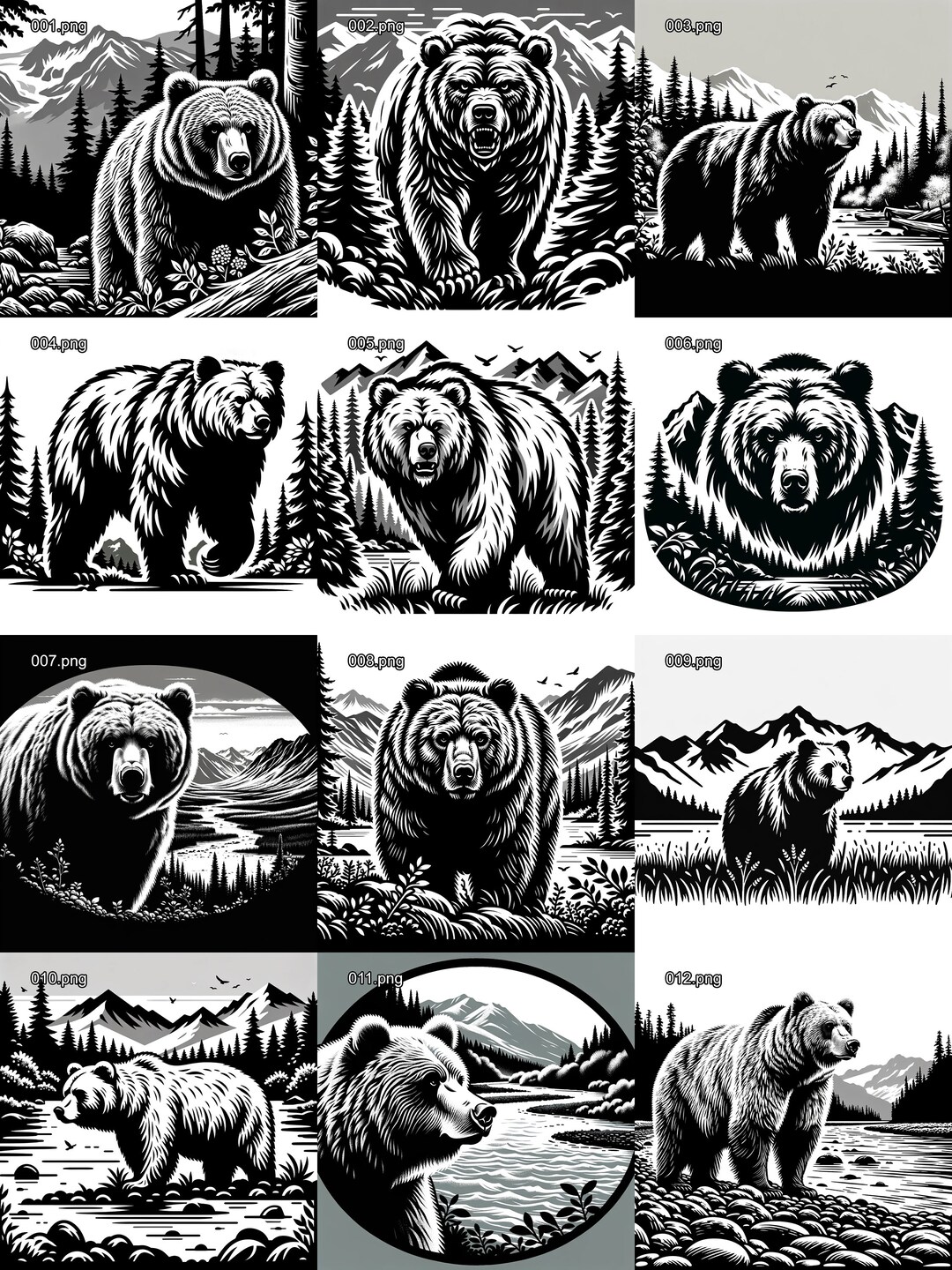 12 Grizzly Bear Svg/png Images Designed for Laser Engraving CNC Carving ...