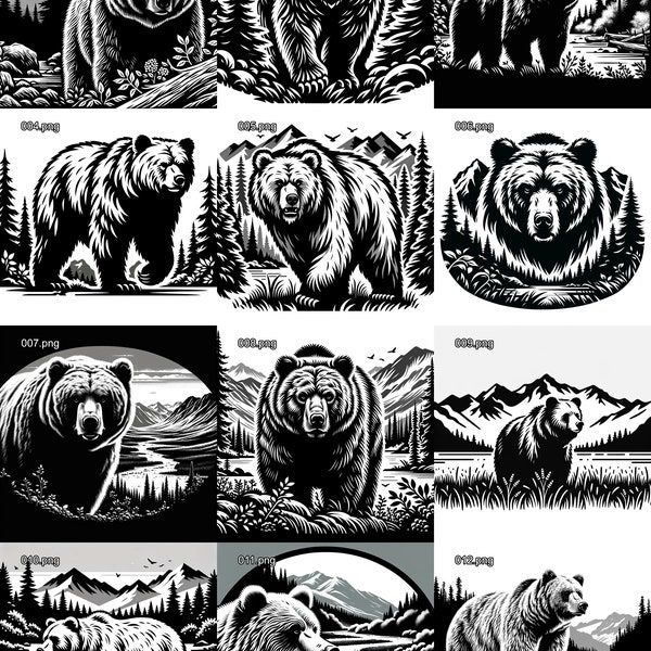 12 images svg/png grizzly conçues pour la gravure au laser, la sculpture CNC Cricut et d'autres projets de bricolage Amateurs de chasse à l'ours en Alaska