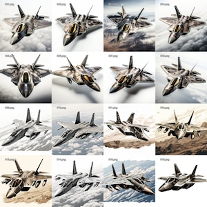 Puede incluir: Una colección de 12 ilustraciones digitales de aviones de combate en varios patrones de camuflaje. Los aviones se representan sobre un fondo blanco con nubes y un paisaje desértico.