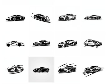 May include: A collection of 16 black and white illustrations of sports cars. The cars are drawn in a stylized, minimalist style, with emphasis on speed and motion. Some of the cars are shown with a blur effect, suggesting that they are moving quickly.