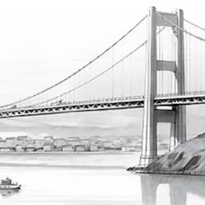 May include: A black and white pencil drawing of a suspension bridge crossing a body of water. The bridge has two towers and a roadway with cars driving on it. The drawing is in a realistic style.