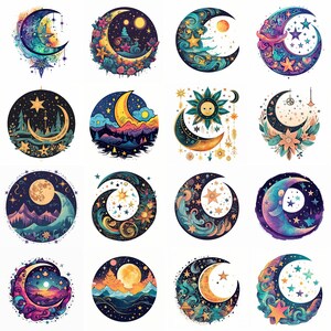 May include: A set of 16 colourful illustrations featuring crescent moons with various designs. Each moon is surrounded by stars, clouds, and other celestial elements. The illustrations are perfect for adding a touch of whimsy and magic to any project.