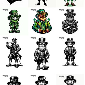 May include: A series of illustrations depicting leprechauns in different styles. Some are silhouettes, others in colour, and some in black and white. The leprechauns are wearing hats and coats, and some are holding pipes and shamrocks. Ideal for St. Patrick's Day.