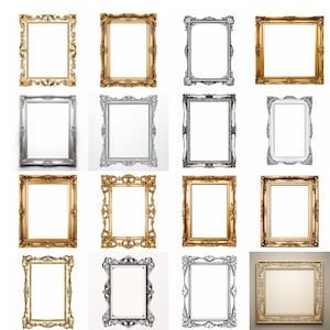 May include: A collection of 16 ornate picture frames in gold and silver finishes. The frames are all different sizes and shapes, but they all have a similar ornate design. The frames are all empty, and they are all set against a white background.