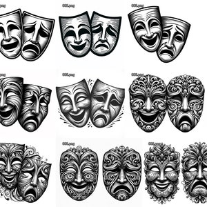 Commedia e tragedia Maschere drammatiche SVG PNG Bundle - 9 disegni per incisione laser Intaglio CNC Cricut e altri progetti fai da te Recitazione di teatro drammatico