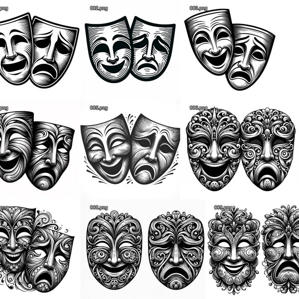 Comedy and Tragedy Drama Masks svg png Bundle - 9 Designs for Laser Engraving CNC carving Cricut and other DIY projects Acting Drama Theater