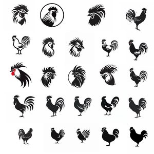 Può includere: Una collezione di 25 illustrazioni di galli in bianco e nero. I galli sono raffigurati in varie pose, tra cui in piedi, in cammino e in canto. Alcuni galli hanno creste e bargigli rossi.