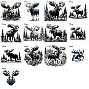 May include: A collection of 10 black and white illustrations of moose in a woodland setting. The moose are shown in various poses, including standing, walking, and running. The illustrations are detailed and realistic, and they would be ideal for use in a variety of projects, such as greeting cards, invitations, and scrapbooking.
