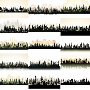 Treeline svg - 24 sagome skyline di una linea di alberi di pino. alberi, clip art, natura, grafica, scalabile, adesivo, ritagliato all'aperto