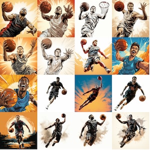 May include: A collection of stylized illustrations of basketball players in action. Each image features a player in mid-air, dribbling, or shooting a basketball. The color palette includes oranges, blues, and browns, with dynamic backgrounds.