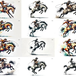 May include: A digital illustration of a cowboy riding a horse. The cowboy is wearing a hat and a vest. The horse is brown and white and has a long mane. The background is a watercolor wash of blue and green.
