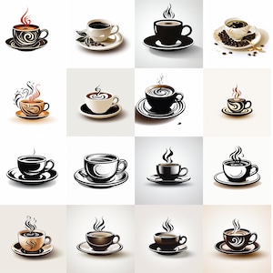 Può includere: Una collezione di 12 diverse illustrazioni di tazze da caffè con vapore che sale da esse. Le tazze sono in vari stili e colori, tra cui nero, bianco e marrone. Alcune delle tazze hanno un design a spirale, mentre altre sono semplici. Le tazze sono tutte su sfondi bianchi.
