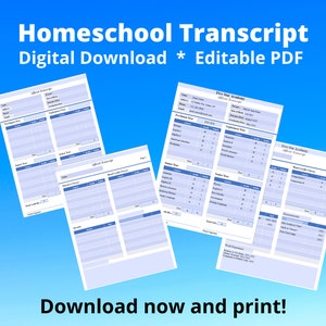 Peut inclure: Un modèle de relevé de notes d'école à domicile imprimable bleu et blanc avec le texte "Homeschool Transcript" et "Digital Download * Editable PDF". Le modèle comprend des sections pour les informations sur l'élève, les détails du cours et les notes.