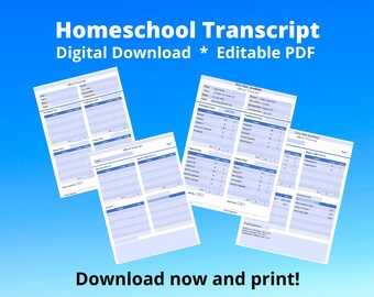 Transcripción de educación en el hogar - Formulario PDF EDITABLE para calificaciones, horas de crédito, premios, actividades extracurriculares - Impresión instantánea