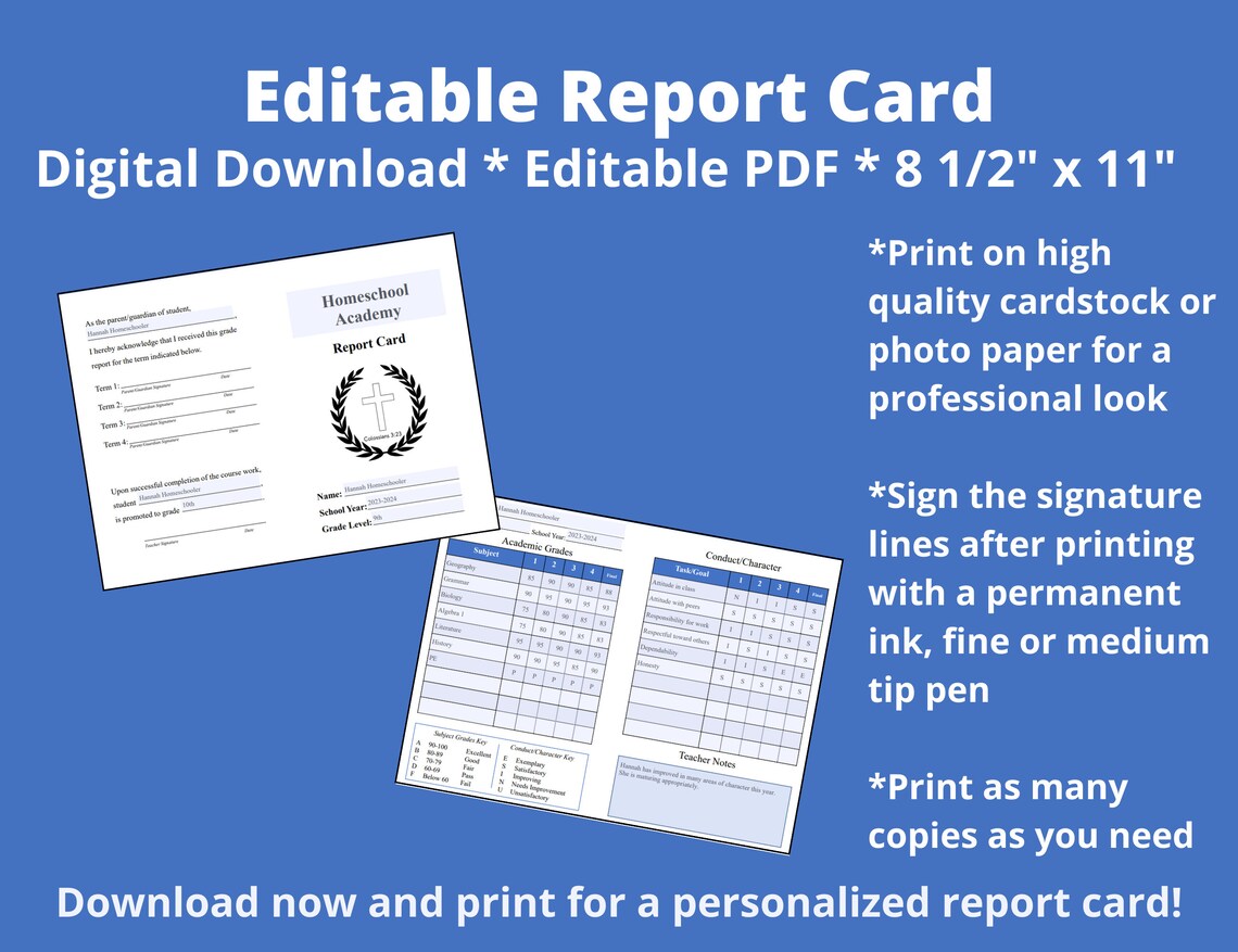 Editable Report Card PDF Digital Download Etsy