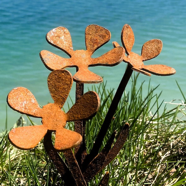 Rustic Metal Flowers - Set of 3 - unique handmade rusty outdoor garden art landscape sculpture or lawn ornament for yard or flower plant bed