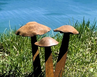 Rustic Metal Mushrooms Set of 3 -unique handmade rusty outdoor garden art landscape sculpture or lawn ornament for yard or flower plant bed