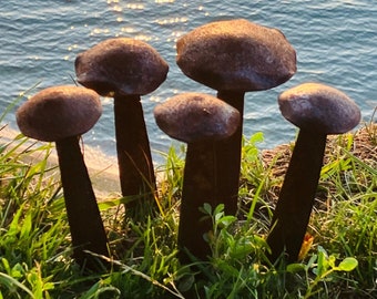 Rustic Metal Mushrooms- Set of 5 -unique handmade rusty outdoor garden art landscape sculpture or lawn ornament for yard or flower plant bed