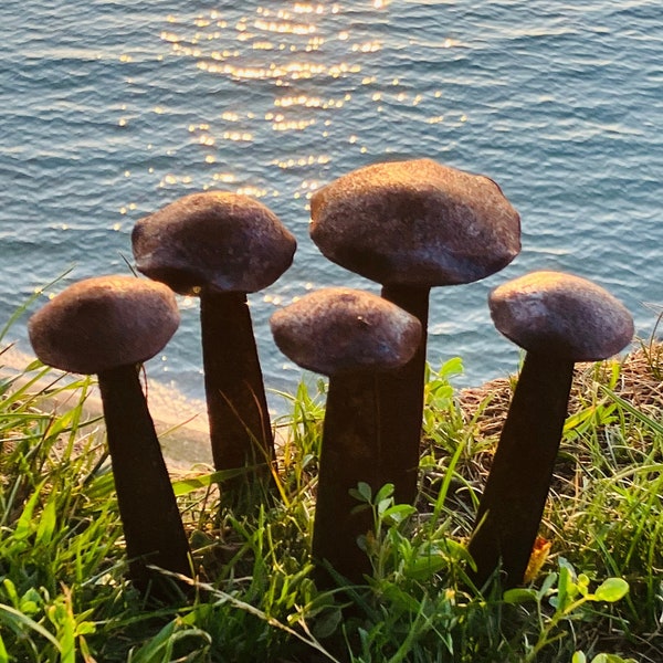 Rustic Metal Mushrooms- Set of 5 -unique handmade rusty outdoor garden art landscape sculpture or lawn ornament for yard or flower plant bed