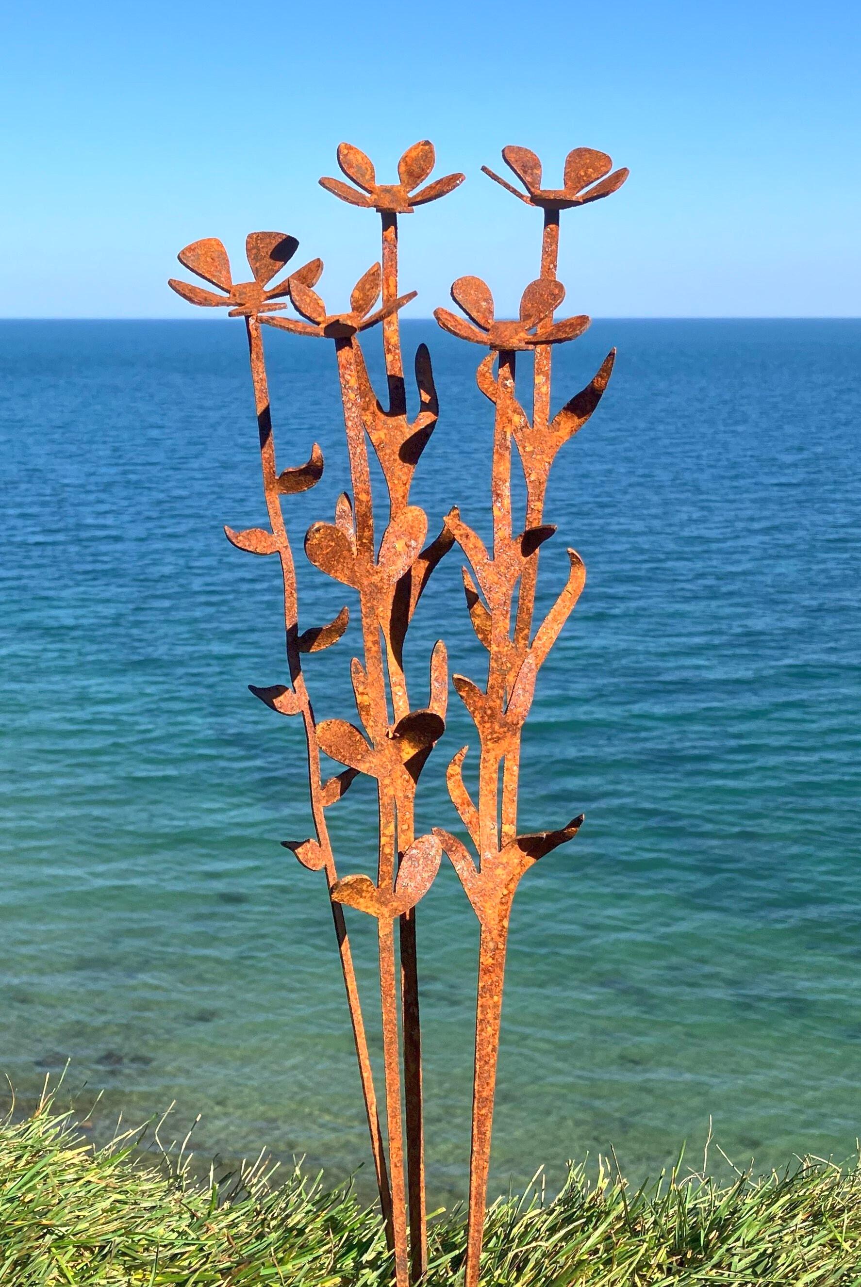 Rustic Metal Prairie Flowers - Set of 5 - unique handmade outdoor garden art sculpture or lawn ornament for yard or Grass-Mud flower bed