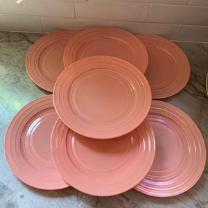 Set of 7 Pink Hazel Atlas Fired On Glass Dinner Plates