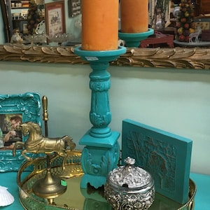 Hand Painted Turquoise Carved Wood Candle Stick
