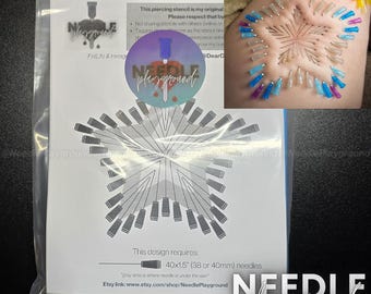 May include: A white plastic bag with a printed stencil design for a piercing project. The stencil shows a starburst pattern with 40 needle placements. The text on the bag reads "This piercing stencil is my original. Please respect that by... Not sharing stencils with others online or... Tracing/copying me as the stencil design... Please do not reproduce or copy my work... Needle Playground." The bag also includes a small sticker with the logo "Needle Playground".