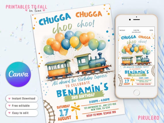 Train Birthday Invitation Template, Editable Toy Train Invitation for any age, Train Birthday Invitation, instant download canva template