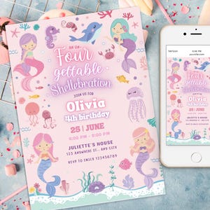 Invito di compleanno modificabile per sirene "Un Four Gettable" per il 4° compleanno, invito per bambina rosa pastello sotto il mare, invito estivo per una festa in piscina con spruzzi d'acqua