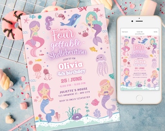 Editable Un Four Gettable Mermaid Birthday Invitation 4th Birthday, Pink Girl Pastel Under the Sea, splish Splash Pool Party summer invite
