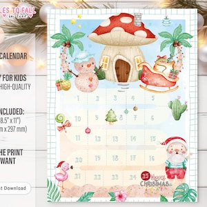 Digital Advent Calendar, Christmas DIY calendar numbers, Santa on the Beach instant download, Tropical Christmas, December daily countdown