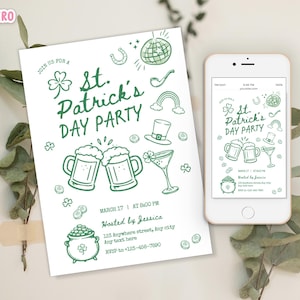 May include: A St. Patrick's Day party invitation with green illustrations and text on a white background. The design includes beer mugs, a rainbow, and a pot of gold. A smartphone displays the same invitation.