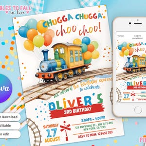 May include: A printable invitation for a child's 3rd birthday party. The invitation features a cartoon train with colorful balloons and the text "Chugga Chugga choo choo!"  The invitation is for Oliver's 3rd birthday and includes the date, time, and location of the party.