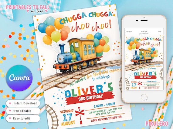 Editable Train Birthday Invitation Template, Toy Train Invitation for any age, Train Birthday Invitation, instant download canva template
