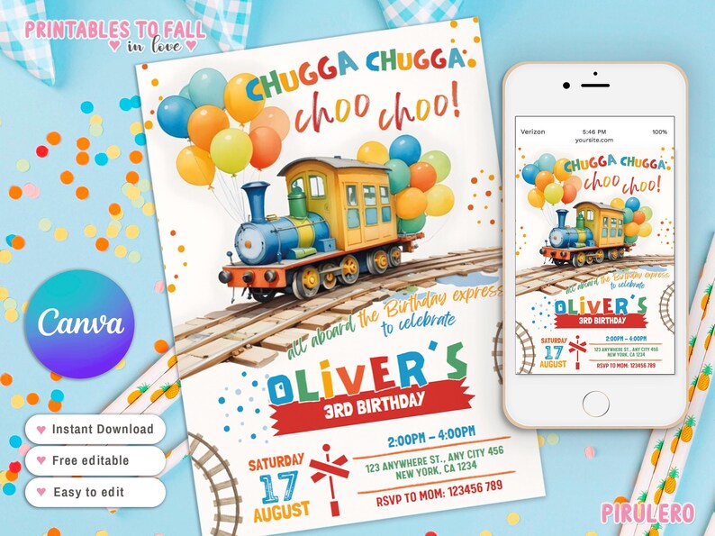 May include: A printable invitation for a child's 3rd birthday party. The invitation features a cartoon train with colorful balloons and the text "Chugga Chugga choo choo!"  The invitation is for Oliver's 3rd birthday and includes the date, time, and location of the party.