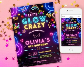 Plantilla de invitación para fiesta de cumpleaños con luces de neón, invitación para fiesta de neón para niña y niño, plantilla para niños con luces de neón brillantes, Glow Evite, invitación Glow Crazy editable