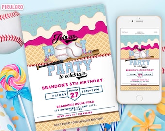 Baseball Drip Pool Party Invitation, Summer Party Invite, Ice Cream Drip, Swimming Birthday, Ice Cream, Swimming Birthday, Girls, Boys Teen