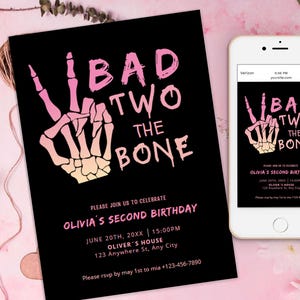 Bad Two the Bone 2nd Birthday girl Invitation Template Fall Halloween Second Birthday Editable Invite Skeleton Peace Hand Pink Bad 2 the Bon