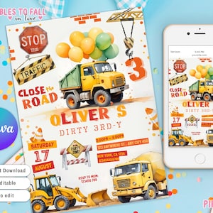 Editable Construction Birthday Party Invitation, Construction Invite, Dump Truck Party Invite, Digger, Excavator Dumper orklift Dump Truck