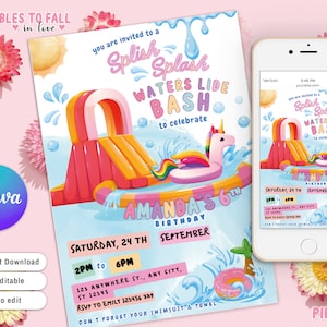 Puede incluir: Invitación imprimible para una fiesta de tobogán de agua con un unicornio y un arcoíris. La invitación es para el 6º cumpleaños de Amanda y está programada para el sábado 24 de septiembre de 2 pm a 6 pm. La invitación incluye la dirección y la información de RSVP. ¡No olvides tu traje de baño y tu toalla!