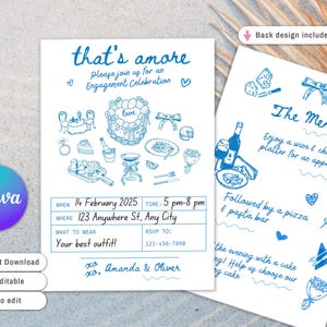 Italian Dinner Party Engagement Invitation Rehearsal Dinner, Italy Mediterranean Vibe invite Wedding menu included Hand Drawn Illustrated