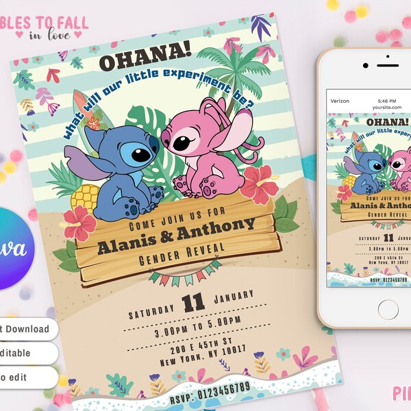 Stitch and Angel Gender Reveal Invitation, Stitch or angel Gender Reveal, baby shower Canva template Stitch and Angel ohana Instant Download