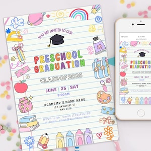 Faire-part pour l'obtention du diplôme de maternelle, faire-part de fin d'études préscolaire modifiable, invitation pour la cérémonie de remise des diplômes préscolaire 2025, toile