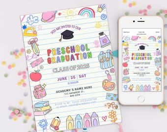 Kindergarten Graduation Invitation, Pre-K Grad Announcement Card Editable Preschool Graduate Invite, Class of 2026 PreK Ceremony Evite canva