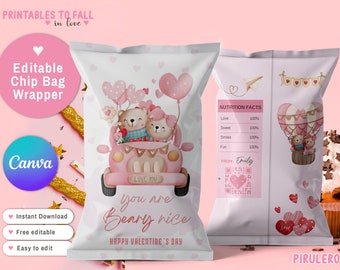 Día de San Valentín Beary dulce Chip Bags Wrapper, beary lindo Best Friends Chip bolsa personalizada día de San Valentín regalo de aula DESCARGA INSTANTÁNEA