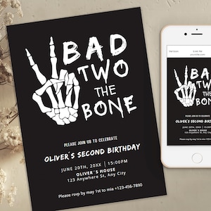 Bad Two the Bone 2nd Birthday Invitation Template, Fall Halloween Second Birthday, Editable Invite Skeleton Peace Hand, editable template