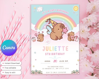 Capybara fairy Birthday Invitation, cute pink Capy Birthday, Digital Download, for any age Birthday girl digital  invite, capybara theme