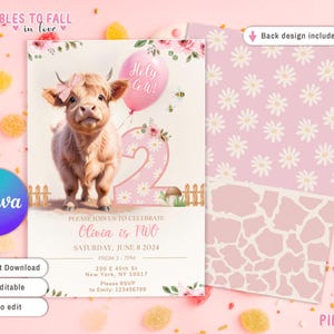 Heilige koe 2e verjaardagsuitnodiging, Highland Cow thema verjaardagsuitnodiging, bewerkbare Moo Moo I&#39;m Two Holy Cow Girl tweede verjaardag, koe herfstthema